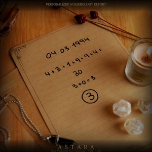 May include: A tan paper sheet titled PERSONALIZED NUMEROLOGY REPORT featuring handwritten black ink calculations for the date 04.03.1994, resulting in the number 3. A silver chain necklace with a black crystal pendant, three dice, and a candle are present.