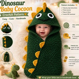 Modello per copertina/fascia per neonati con cappuccio a forma di dinosauro all'uncinetto (PDF, download immediato)