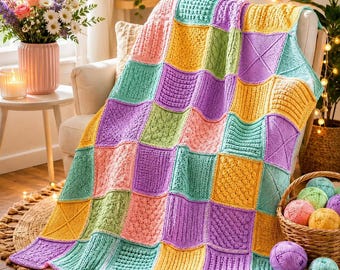 May include: A handmade patchwork blanket featuring a grid of square knit panels in pastel shades of yellow, lavender, mint green, and peach. Each square displays a unique textured stitch pattern, including cables, bobbles, and ribbed designs.