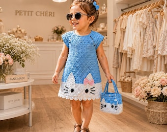 May include: A blue crocheted sleeveless dress featuring a white cat face design at the hem with black whiskers, eyes, and a pink bow. The dress is paired with a matching blue and white crocheted cat-themed handbag and a blue hair accessory.