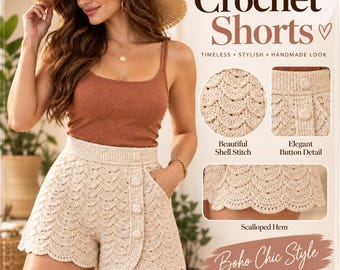 May include: Beige crochet shorts featuring a shell stitch pattern, a high-waisted design with a button-down front detail, and a scalloped hem. The text on the image reads Crochet Shorts, Timeless, Stylish, Handmade Look, Beautiful Shell Stitch, Elegant Button Detail, Scalloped Hem, and Boho Chic Style.
