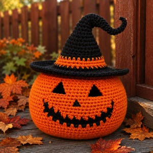 May include: A round, orange crocheted pumpkin with a black stitched jack-o'-lantern face featuring triangular eyes and a jagged mouth. It wears a tall, pointed black crocheted witch hat with an orange band around the base and a curled tip.
