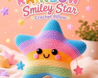 May include: A star-shaped crochet pillow featuring horizontal rainbow stripes in blue, purple, pink, orange, yellow, and green. The pillow has a smiling face with black eyes and pink cheeks, with two small dangling star charms attached by white strings.