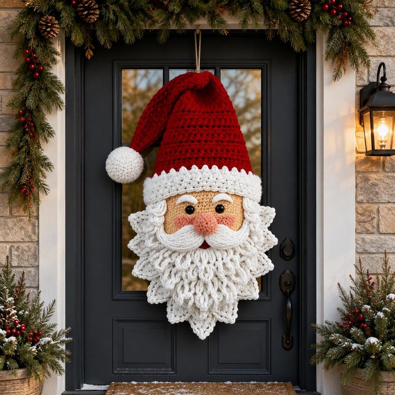 May include: A crocheted Santa Claus wall hanging featuring a red hat with a white pom-pom, a peach-colored face, black eyes, and a textured white beard and mustache. The decoration is suspended by a string against a dark gray door.