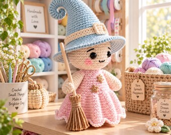 May include: A crocheted doll wearing a light blue pointed hat with a cream-colored band and a pink dress adorned with two small gold star embellishments. The doll holds a small brown yarn broom and features black eyes and pink cheeks.