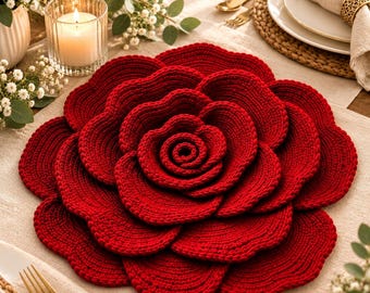 May include: A deep red crochet placemat shaped like a blooming rose with layered, rounded petals. The textile piece features a dense, textured stitch pattern that mimics the organic form of a flower, creating a circular, dimensional centerpiece.