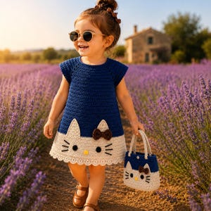 May include: A dark blue crochet dress with a cream-colored bottom section featuring a cat face design with black whiskers, eyes, a yellow nose, and a brown bow. The dress has a scalloped hem. A matching small crochet handbag with a cat face is included.
