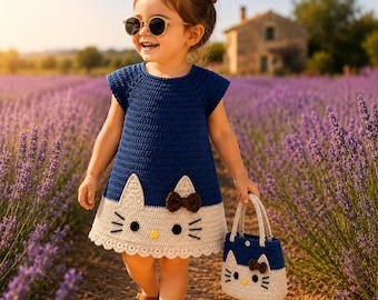 May include: A dark blue crochet dress with a cream-colored bottom section featuring a cat face design with black whiskers, eyes, a yellow nose, and a brown bow. The dress has a scalloped hem. A matching small crochet handbag with a cat face is included.