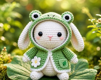 Puede incluir: Un muñeco de conejo tejido a ganchillo de color crema con un suéter verde con capucha de rana. La capucha presenta ojos de rana en blanco y negro, mientras que el suéter incluye una margarita blanca aplicada y un pequeño parche de hoja verde.