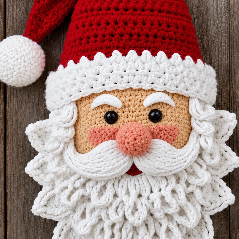 May include: A crocheted Santa Claus face decoration featuring a red hat with a white pom-pom, a white crocheted brim, a peach-colored face with rosy cheeks, black bead eyes, and a textured white beard and mustache made of yarn.