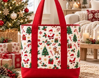 May include: A quilted tote bag featuring a cream-colored fabric with a repeating Christmas pattern of Santa Claus, reindeer, snowmen, pine trees, and gifts. The bag has solid red fabric handles and a matching red base with red interior lining.