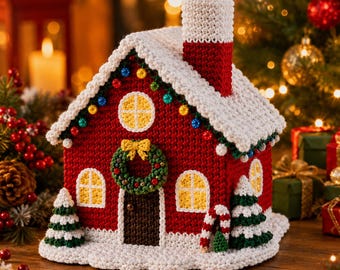 May include: A red crocheted house with a white snow-covered roof and chimney. The house features yellow windows, a brown door, a green wreath with a yellow bow, and two small green trees. Colorful beads decorate the roofline and a candy cane stands by the door.