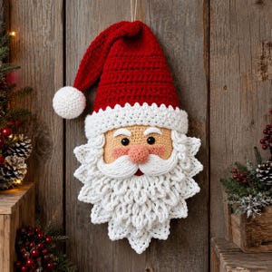 May include: A crocheted Santa Claus wall hanging featuring a red hat with a white pom-pom, a beige face with black eyes, a pink nose, and a thick white beard made of textured yarn loops. The ornament is suspended by a thin string.