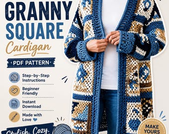 Granny Square Cardigan Crochet Pattern | Textured Boho Sweater Tutorial (PDF Download)