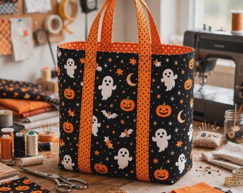 May include: A fabric tote bag featuring a black background with a repeating pattern of white ghosts, orange pumpkins, stars, and crescent moons. The bag has two orange handles with black polka dots and an orange interior lining with white dots.