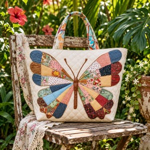 Peut inclure: Un sac fourre-tout matelassé de couleur crème orné d'une grande application de papillon coloré sur le devant. Les ailes du papillon sont composées de divers empiècements en tissu à motifs dans des tons de bleu, rose, rouge et jaune.