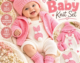 May include: A baby knit set featuring a pink pom-pom hat, a pink button-up cardigan, a white overall with a pink bunny appliqué, and pink booties. The text Adorable Baby Knit Set is displayed alongside icons labeled Soft & Gentle, Handmade with Love, and Perfect Gift.