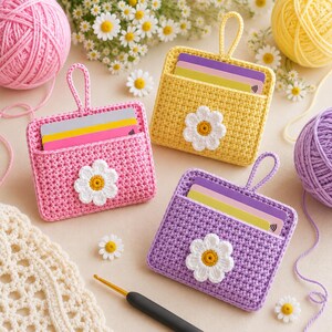 May include: Three rectangular crochet card holders in pink, yellow, and light purple, each featuring a white daisy appliqué with a yellow center on the front and a small loop at the top. Each holder contains multiple colorful credit cards.