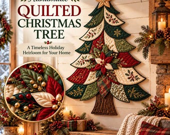 May include: A wall-hanging quilted Christmas tree decoration featuring layered fabric branches in shades of red, green, and cream, adorned with embroidered snowflakes, berries, and a central poinsettia flower, topped with a gold star.