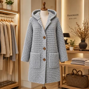 May include: A light gray hooded cardigan made of thick, textured crochet yarn. This long-sleeved garment features a hood, three large brown buttons down the center front, and two square patch pockets on the lower front section of the coat.