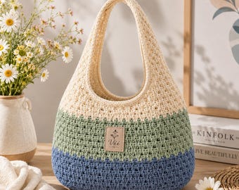Patrón de bolso tote de ganchillo en tonos pastel costeros / Bolso de hombro para principiantes (PDF)