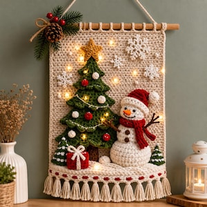Modèle de décoration murale de Noël au crochet | Bonhomme de neige, sapin, flocons de neige (Modèle PDF)