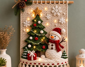 May include: A rectangular beige crochet wall hanging featuring a green Christmas tree with a yellow star, a white snowman with a red scarf and hat, and white snowflakes. The piece is illuminated by small lights and finished with tassels.