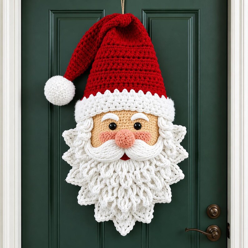 May include: A crocheted Santa Claus wall hanging featuring a red hat with a white pom-pom, a beige face with black eyes, a pink nose, and a thick white beard. The decoration is crafted with textured yarn stitches and hangs from a string.