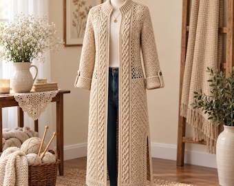 May include: A long, beige, open-front knit cardigan featuring intricate cable-knit patterns, a ribbed collar, and cuffed sleeves with button details. The garment is displayed on a mannequin over a white top and blue jeans.