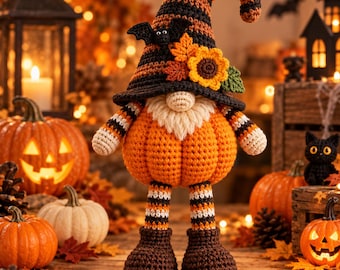 May include: A crochet gnome figure with a pumpkin-shaped body, wearing a tall striped hat in black and orange. The hat is decorated with a small black bat, orange maple leaves, and a yellow sunflower. The gnome has a cream-colored beard.
