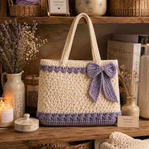 May include: A cream-colored crochet tote bag featuring a purple scalloped trim along the top and bottom edges. A large, textured purple crochet bow is attached to the upper right side of the bag, which has two matching cream-colored handles.