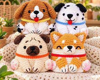 May include: Four crocheted stuffed animals shaped like dogs. The top left is brown and white with a yellow collar. The top right is white with black spots and a blue collar. The bottom left is tan with a brown face and orange collar. The bottom right is orange and white with a red collar.