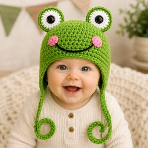 May include: A bright green crocheted hat featuring a frog design with two large eyes on top, each with a white border and a black button pupil. The hat includes two pink circular cheeks and a black stitched smile, with long dangling earflaps.