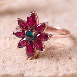 Black Opal and Ruby Flower Ring, Rose Gold Plated Floral Anniversary Ring for Women, Marquise Gemstone Statement Ring