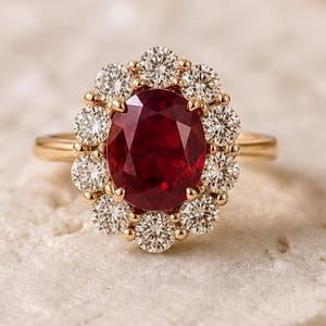 May include: A gold ring featuring a central oval-cut deep red ruby surrounded by a halo of twelve round brilliant-cut white diamonds. The gemstone setting is mounted on a polished gold band, creating a classic cluster design with vibrant contrast.