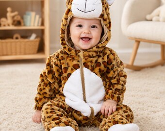 Leopard Baby Romper, Plush Hooded Animal Onesie, Cozy Winter Baby Gift 0-24M