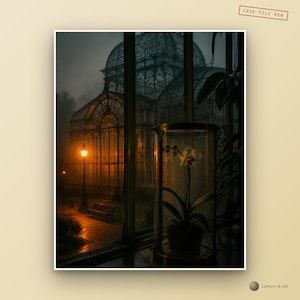 May include: A white orchid in a glass cloche sits before a window overlooking a dark, rainy park with a large glass conservatory and a glowing street lamp. The text CASE FILE KEW appears in the top right corner and Lantern & Ink at the bottom.