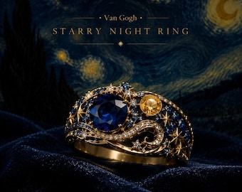 Van Gogh Sterrennacht Saffierring, Hemelse Kunst Sieraden