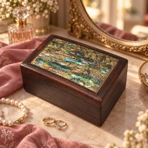 May include: A rectangular wooden box featuring a dark brown finish and an inlaid lid made of iridescent abalone shell. The shell inlay displays a textured, multi-colored pattern of greens, blues, and golds, creating a shimmering surface.