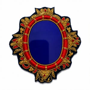 Handmade Blue Plastic Mirror, Red & Gold Embroidered Decorative Mirror badge, Traditional Wall Decor, Boho Vanity Mirror, Unique Home Decor
