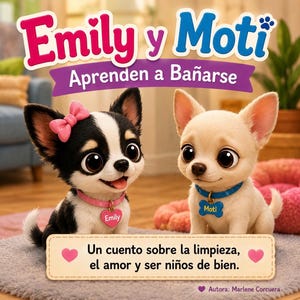 Puede incluir: Una portada de libro infantil titulada Emily y Moti: Aprenden a Bañarse con dos cachorros chihuahua de dibujos animados. Uno es blanco y negro con un lazo rosa y etiqueta de corazón, el otro es color crema con collar azul y etiqueta de hueso.