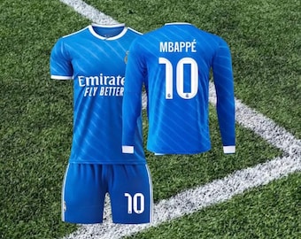 Vintage Kylian Mbappe Real Madrid Blue Football Shirt and Shorts Set