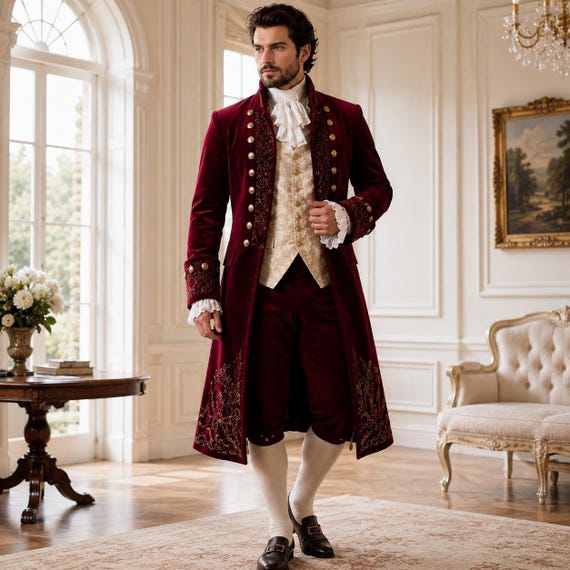 Red Velvet Coat, Gold Embroidery, Aristocratic Costume Jacket, Renaissance Prince Costume