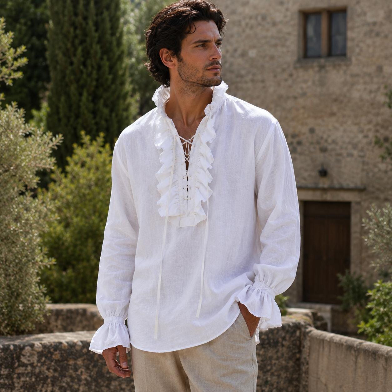 white dress shirt with middle frill design men Ivory Poplin Cotton Large Favourbrook the sizing is generous Black and White Ruffle Designer