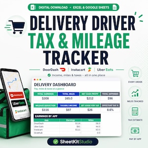 Arkusz kalkulacyjny podatku dla kierowcy dostawczego | DoorDash Instacart Tracker przebiegu i wydatków | Arkusze Google Excel