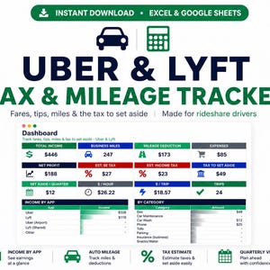 May include: A digital Uber & Lyft tax and mileage tracker spreadsheet for Excel and Google Sheets. The dashboard displays total income, business miles, mileage deduction, expenses, net profit, estimated taxes, and trip data with colorful icons.