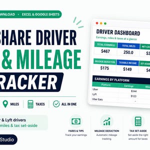 Tableau de calcul des impôts pour les chauffeurs VTC | Suivi des kilomètres parcourus, des revenus et des dépenses (Uber/Lyft) | Excel/Google Sheets