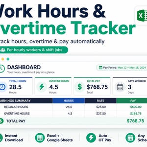 Puede incluir: Un panel digital de seguimiento de horas de trabajo y horas extras para Excel y Google Sheets. La interfaz muestra el total de horas, horas extras, pago total y días trabajados, con una tabla de resumen de ganancias y cálculos detallados.