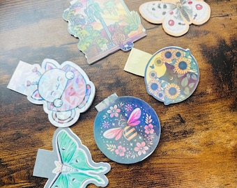 Holographic Laminated Bookmarks: Cat, Moth, Bee, Sunflowers, Plants – Minimalist Reader Gift