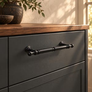 May include: A matte black metal drawer pull with a cylindrical bar and rounded end caps, mounted horizontally on a dark gray cabinet drawer. The hardware features a smooth finish with subtle decorative rings along the central handle section.